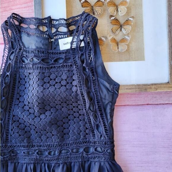 Self-Portrait Navy Blue Lace Crochet Sleeveless Boho A-line‎ Mini Dress Size 4 - Picture 2 of 5